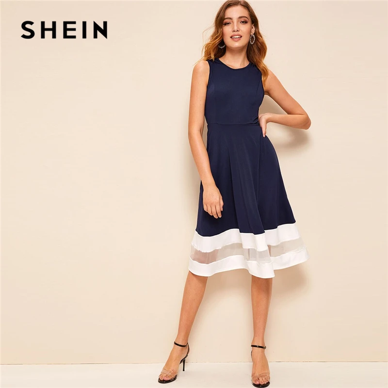 

SHEIN Classy Mesh Insert Striped Detail Fit and Flare Summer Midi Dress Women Sleeveless High Waist A Line Retro Party Dresses