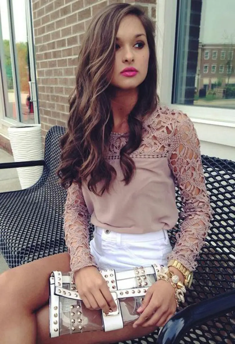 

Fashion Women Sexy Lace Crochet Embroidery Tops Long Sleeve Shirt Casual Blouse