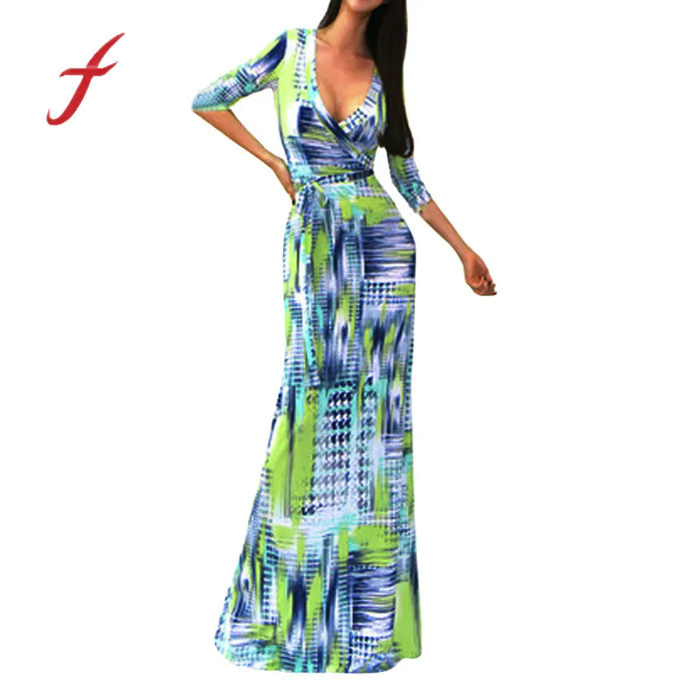 

MUQGEW Women Dress Printing Casual Boho Maxi Elegant Party Long Sleeve Casual Beach Floor-Length Belt Long Dresses Vestido
