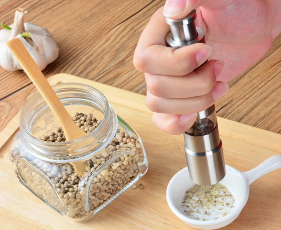 Portable Stainless Steel Thumb Push Salt Pepper Grinder Spice Sauce Mill Grind Kitchen tool 20pcs/lot