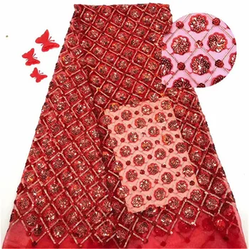 

Red Sequins Lace Fabric 2019 High Quality African Evening Dress Fabrics New Nigeria Sequined Embroidered Mesh Net Lace Fabric