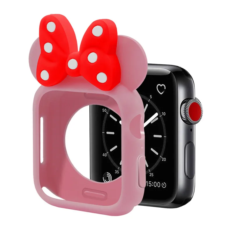 Силиконовый чехол с милыми ушками Микки и Минни Маус для Apple Watch Series 4, 3, 2, 1, защитный чехол для iWatch 44 мм, 42 мм, 40 мм, 38 мм - Цвет ремешка: pink red1