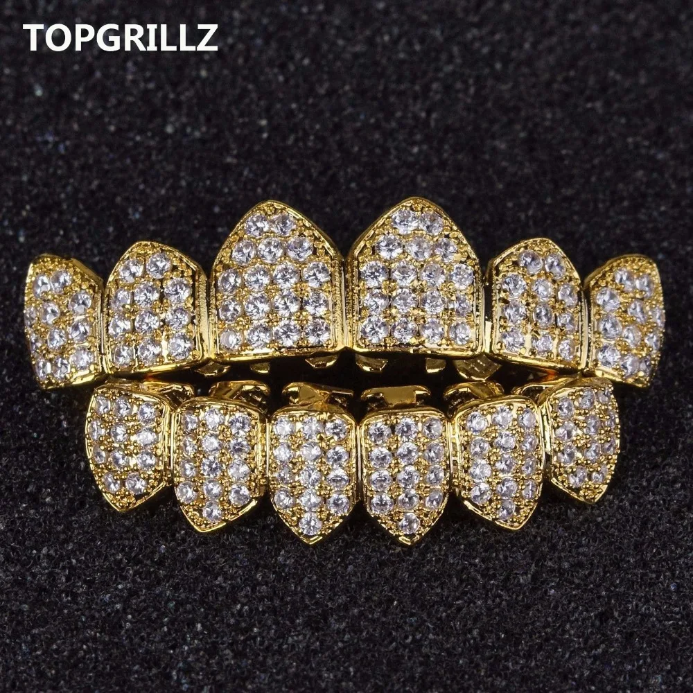  TOPGRILLZ Gold Color Plated Hip Hop Grillz High Quality Micro Pave CZ Top & Bottom GRILLZ Mouth Tee