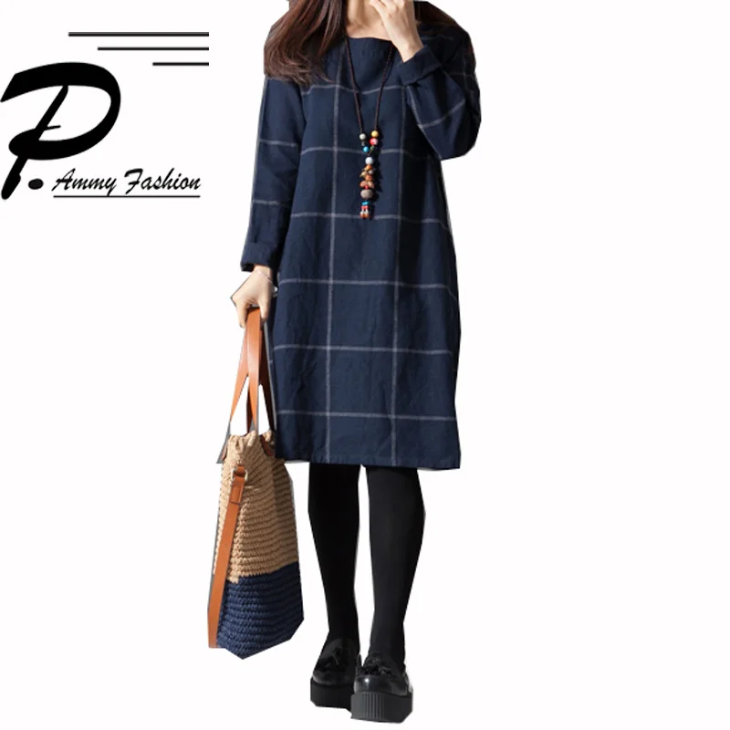 

Womens Oversized Cotton & linen Checkered Jumper Dress Long Sleeves Loose Plaid Tunic Dress M~3XL