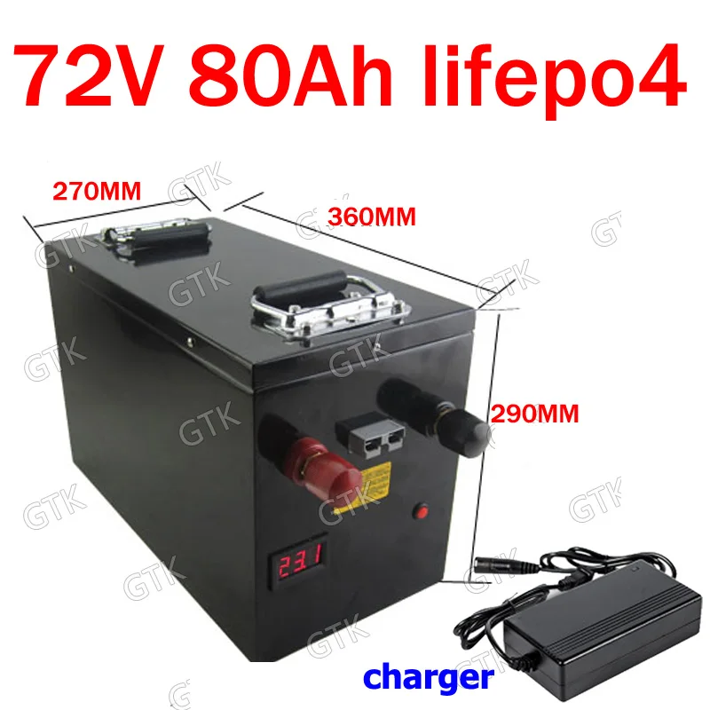 

GTK waterproof lithium 72V 80Ah lifepo4 battery 80A BMS deep cycle for 5500W bike scooter Motorbike Motorcycle + 10A charger