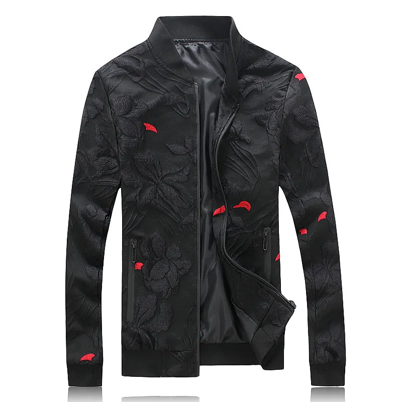 

high Quality Puff Jacquard Black Bomber Jacket Men Men Casual Jacket Coat Flower Slim Fit Pattern Bomber Jacket Men Asian Size