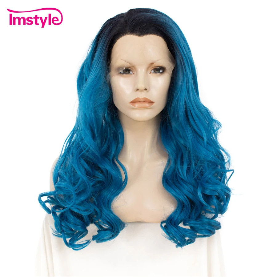 

Imstyle Synthetic Lace Front Wigs Ombre Blue Wigs Long Hair Wavy Wigs For Women Heat Resistant Fiber Glueless Cosplay Wig