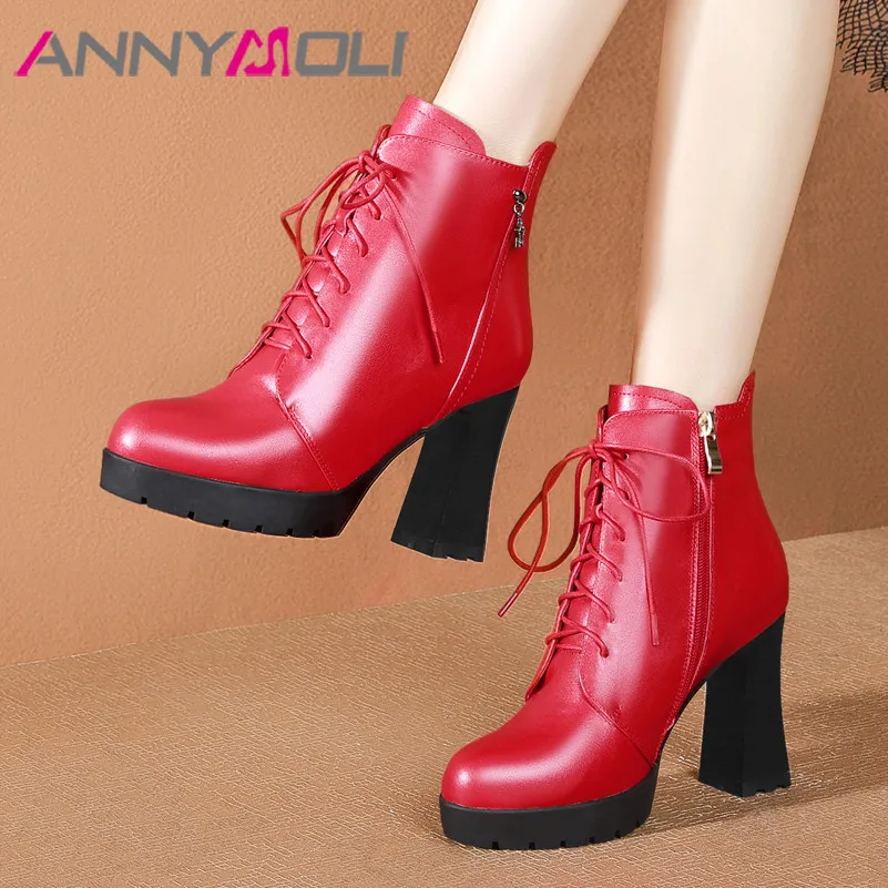 

ANNYMOLI Winter Ankle Boots Women Natural Genuine Leather Platform Block Heel Short Boots Zip Extreme High Heel Shoes Female Red