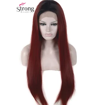 

StrongBeauty Lace Front Wigs Synthetic Burgundy 2 Tones Dark Roots Long Straight Glueless Lace Wig For Women COLOUR CHOICES