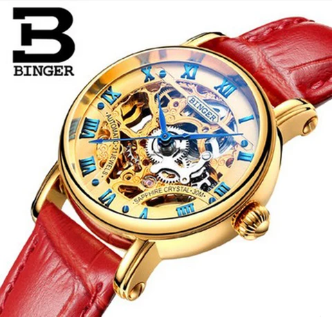 Marca de Luxo Auto-vento de Couro Oco à Prova Genuínas Mulheres Binger Relógio Esqueleto Mecânico Automático Vermelho d’ Água Moda Masculina