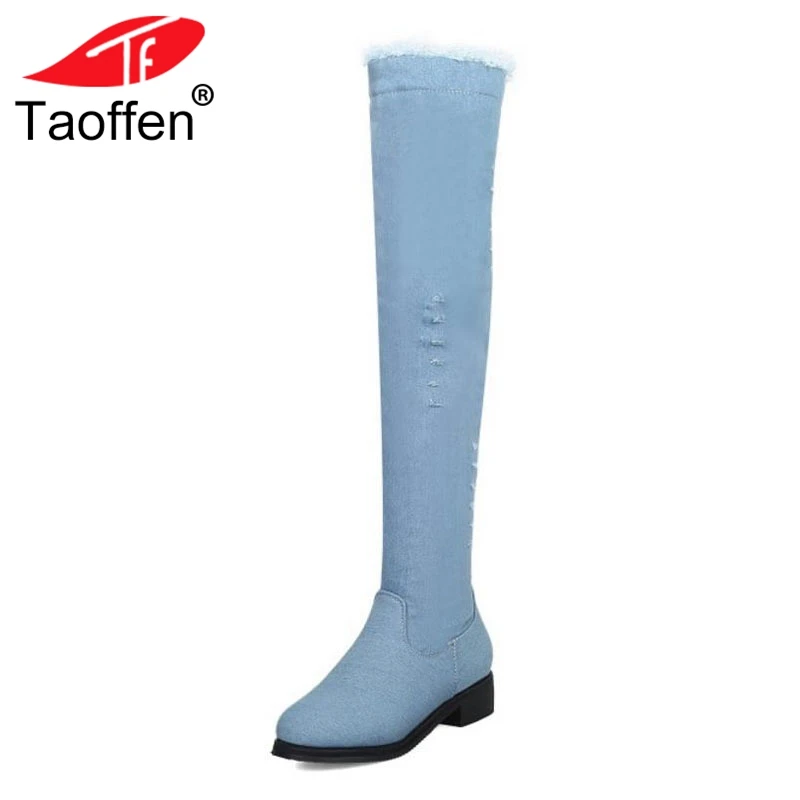 

TAOFFEN Plus Size 32-48 Women Warm Thigh High Boots Fashion Zipper Winter Fur Shoes Woman Denim Round Toe Flats Long Boots