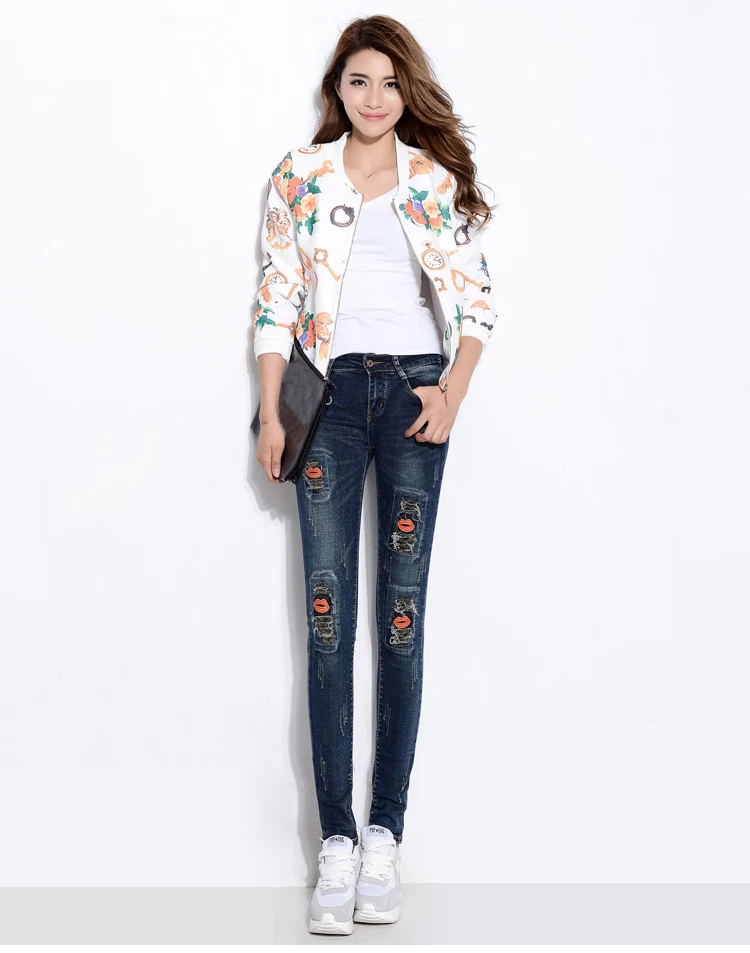 

New Autumn Fashion Pencil Jeans Woman broken Hole Mid Waist Full Length Zipper Slim Fit Skinny Women Pants personalized elastic