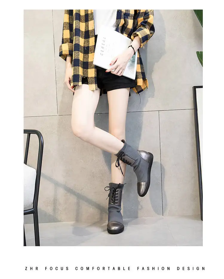 2018 Autumn And Winter Boots Women's Leather Increased Thick Bottom Elastic Boots Med-HeelFashion Winter Ankle Boots WomenM8D156 (12)