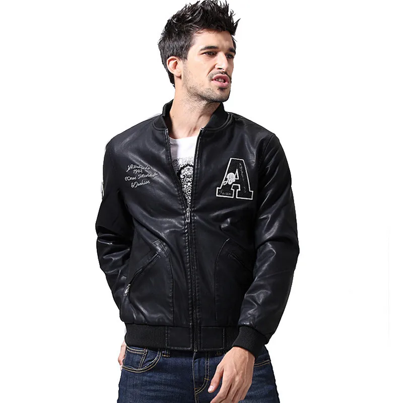 New Fashion Man Leather Jacket With Epaulets Slim Fit Mens Leather Biker Jacket Men Mandarin
