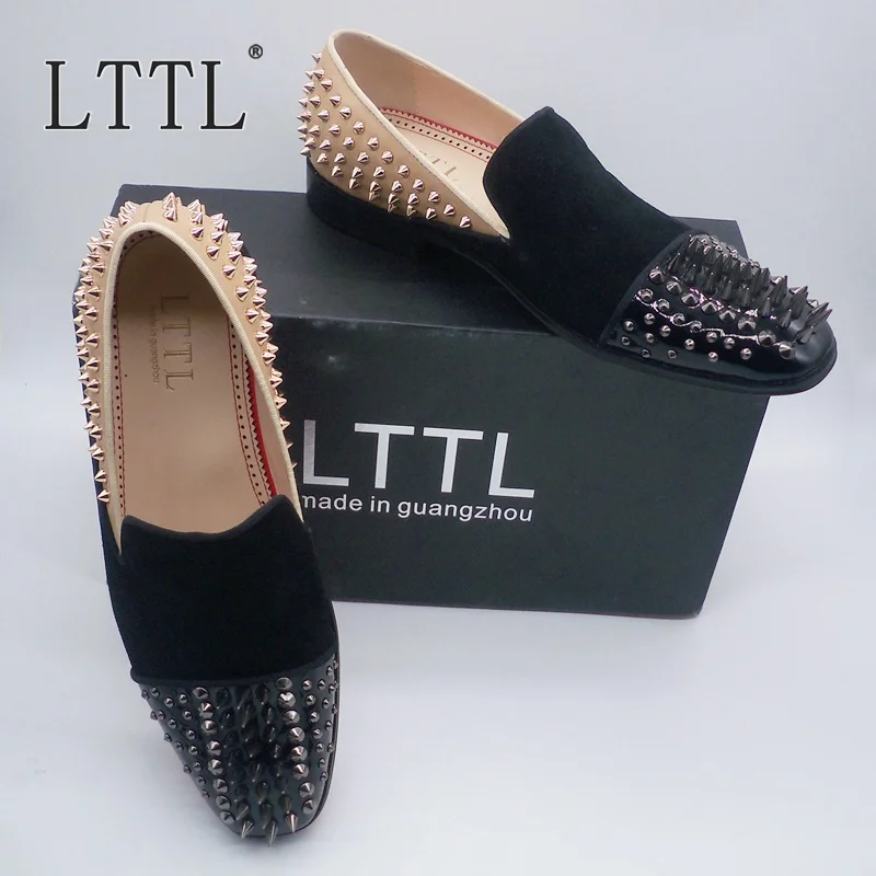 

New Handmade Silver Long Rivet Men Velvet Loafers LTTL Fashion Patchwork Slip On Flats Shoes Spikes Casual Dress Shoes
