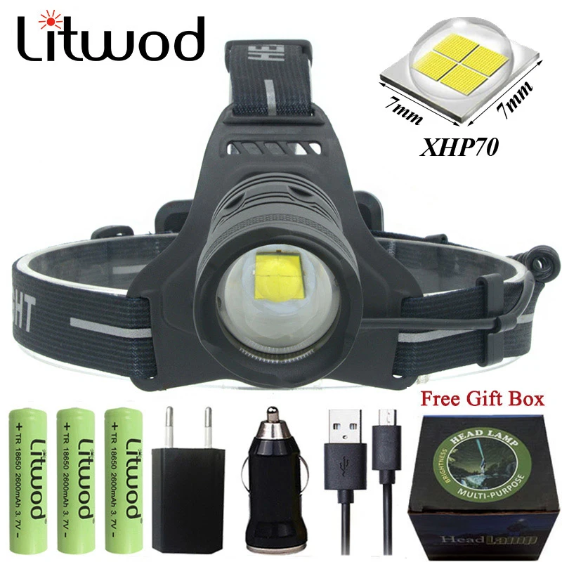 

Litwod Z20 XHP70 Led headlamp powerful Headlight Power bank head lamp flashlight torch zoom Head light with Battery + Charger
