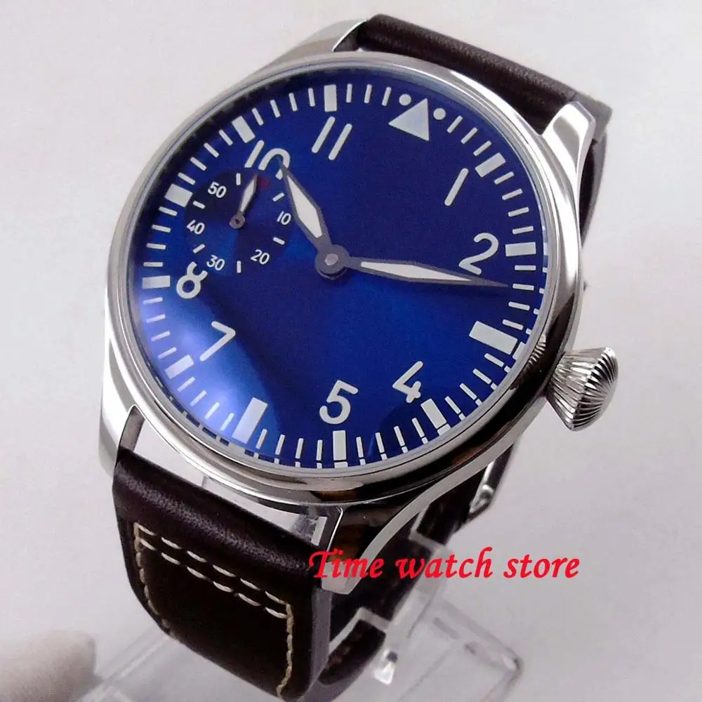 

44mm Parnis jewels 6497 hand wind watch men waterproof leather strap royal blue dial luminous 1261
