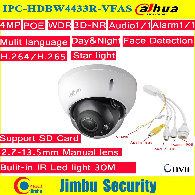

Dahua IP Camer IPC-HDBW4433R-VFAS 4MP Network Dome H265 2.8-12mm Manual zoom lens POE IR 50m with Audio Interface CCTV Camera