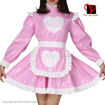 

Sexy Pink and White Rubber dress and white Latex apron Waitress baby doll frilles Latex Maid uniform long sleeves QZ-081