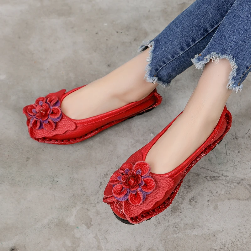 Ethnic Women Loafers Genuine Split Leather Flat Heels Flower Round Toe Soft Solid Sandals Platform Ladies Shoes Zapatos De Mujer bridal slingbacks