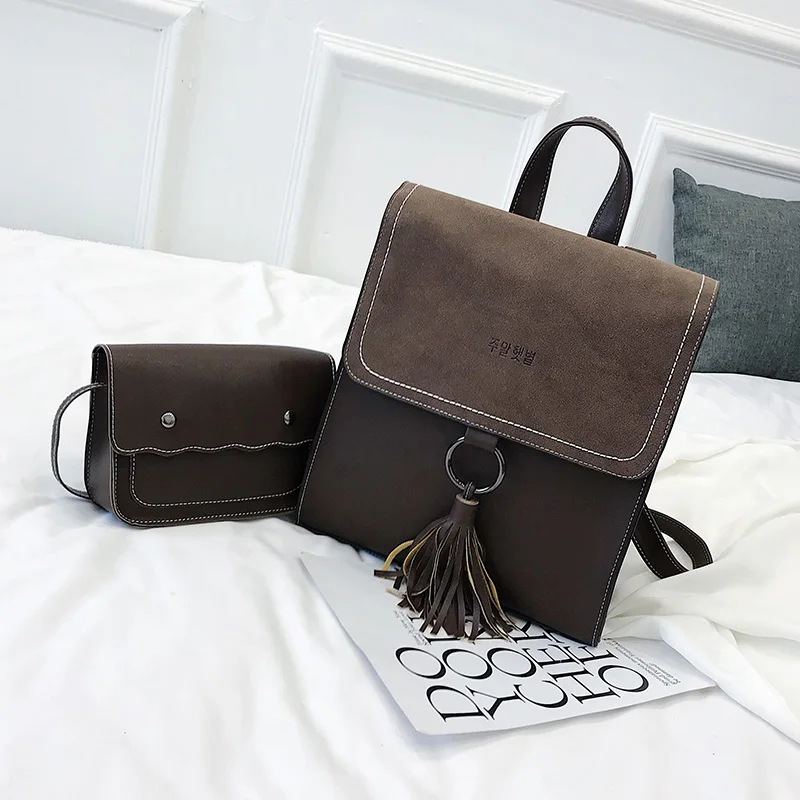 2pcsset Fashion Tassel women Backpack Leather Female Backpack School Shoulder Bag Vintage Travel bags for women 2018 Mochila (52)