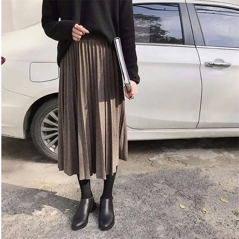 

2019 New Autumn Winter Women Vintage High Waist Pleated A-Line Long Woolen Skirt Female Casual Maxi Woolen Skirt Femme Saia R192