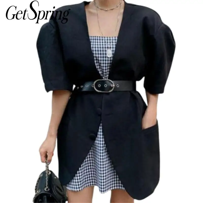 

GETSPRING Women Blazer Puff Sleeve Single Breasted Blazer With Belt Short Sleeved Loose Long Blazer Thin Long Coat Women Suits