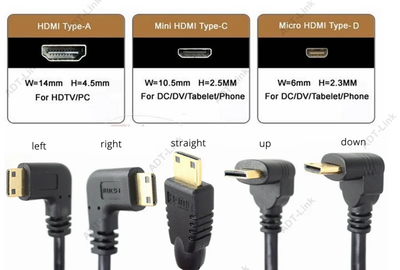 Вверх вниз правый угловой мини HDMI к HDMI Мужской к женскому кабелю 10 см для портативных ПК HDTV Тип C hdmi мини hdmi Угловой адаптер