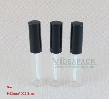 

500 pcs/lot Plastic PETG 8ml lip gloss tube container with black cap