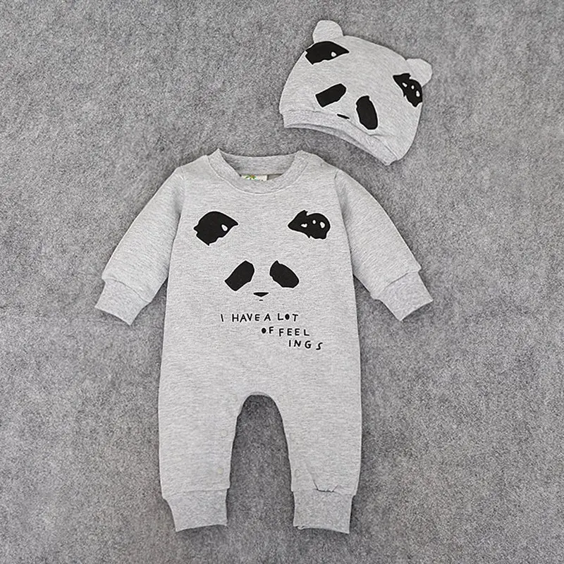 

Toddler Baby Romper Body Suit With Hat Cotton Long Sleeve Cartoon Panda NB-18M Newborn Baby Romper Jumpsuit Clothes For Boy Girl