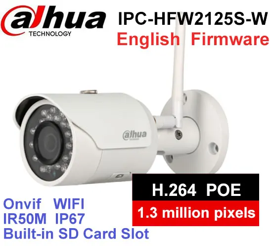 

Dahua IPC-HFW2125S-W 1.3MP IP Camera IR50M IP67 built-in WIFI SD Card slot Network outdoor WIFI Camera
