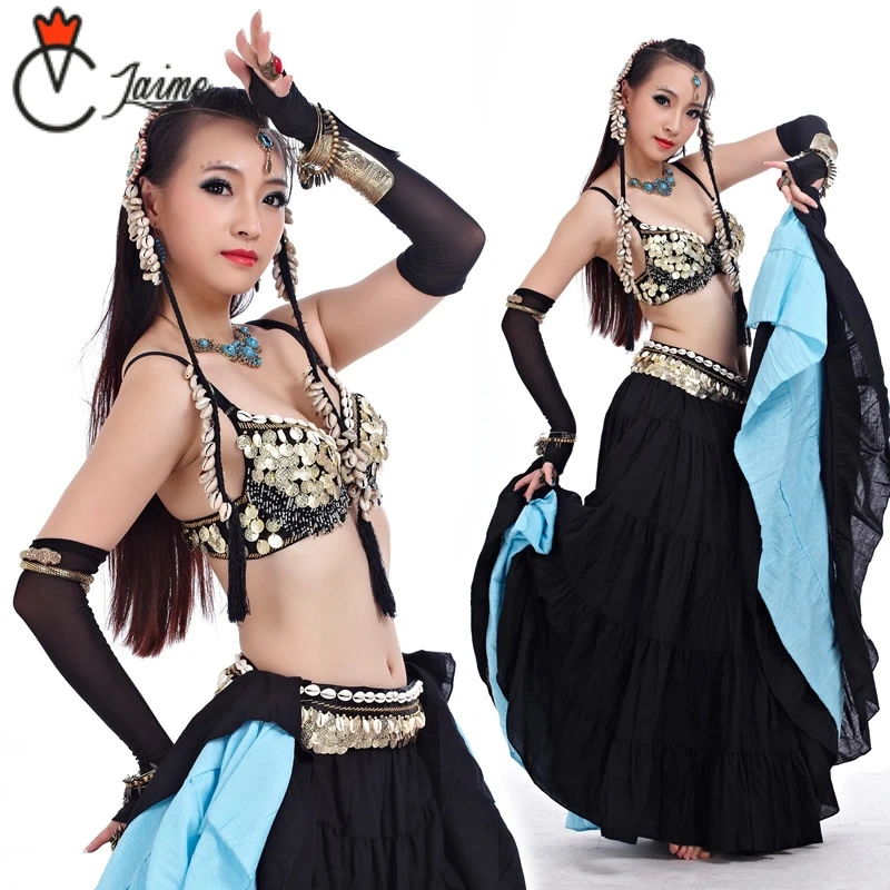 

ATS costumes Tribal Belly Dance Clothes for Women 4 Pieces Outfit Set Antique Bronze Beads Bra Belt Skirts Gypsy Dance Costumes