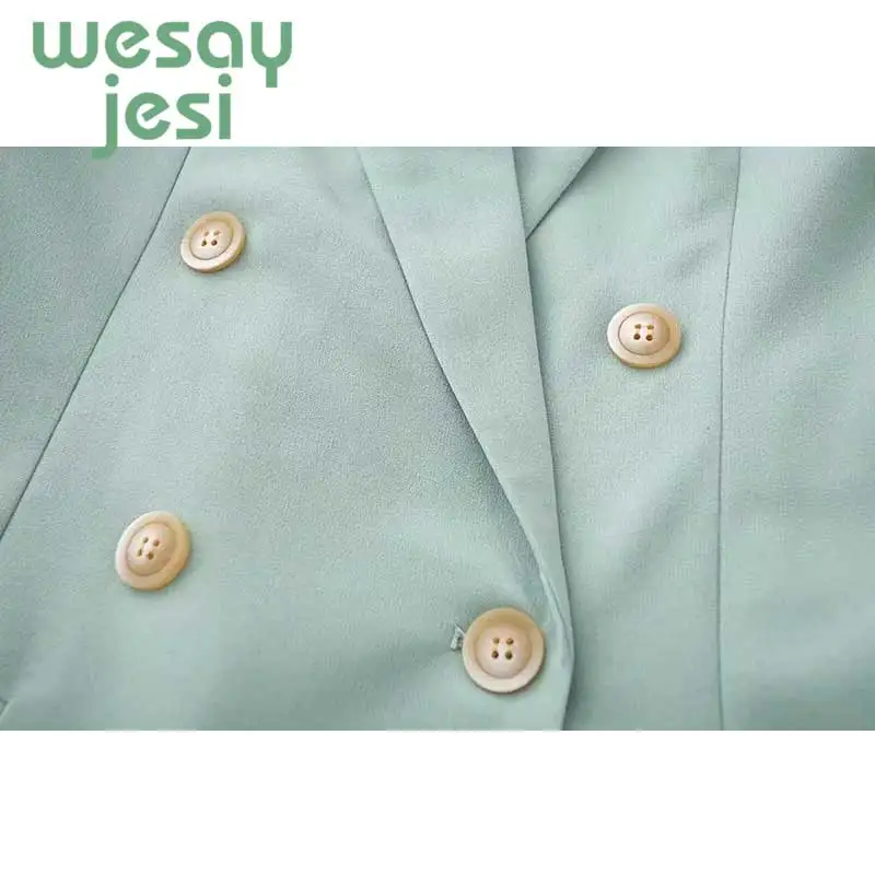 2019 Women chic blue blazer pockets double breasted long sleeve office wear coat solid female casual fashion outerwear tops