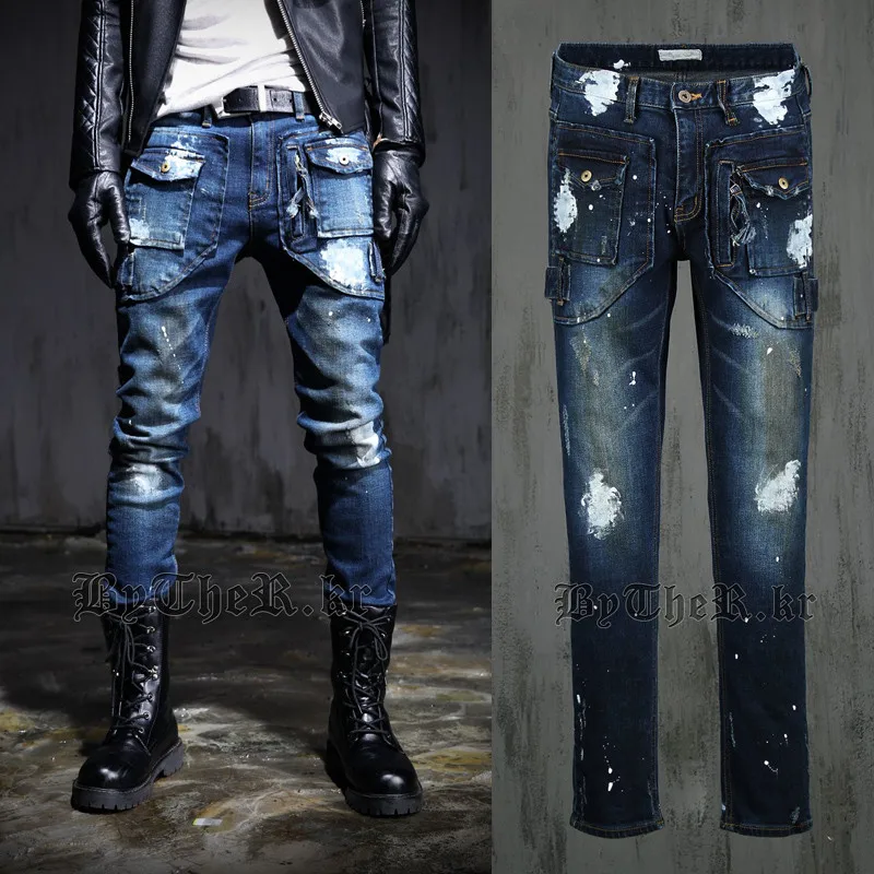 

Men Painted Punk Jeans Front Flap Pockets New 2017 Mens Designer Jeans Garment Washed Denim Pants Distressed Retro Jeans