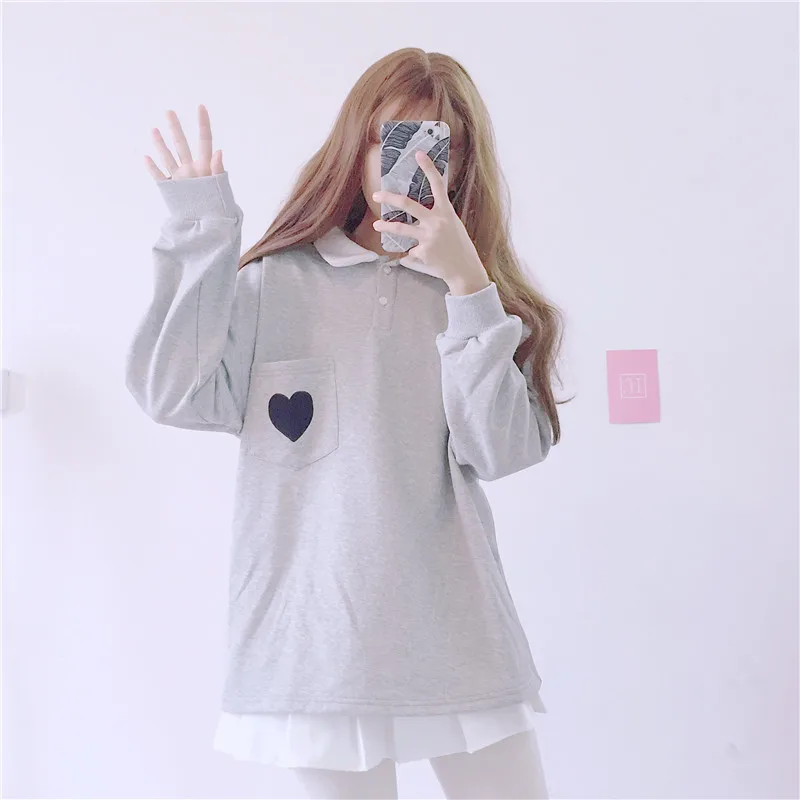 2018 Autumn Women top New Japanese loose pullover cute heart embroidery pocket stitching polp collar kawaii pink sweatshirt