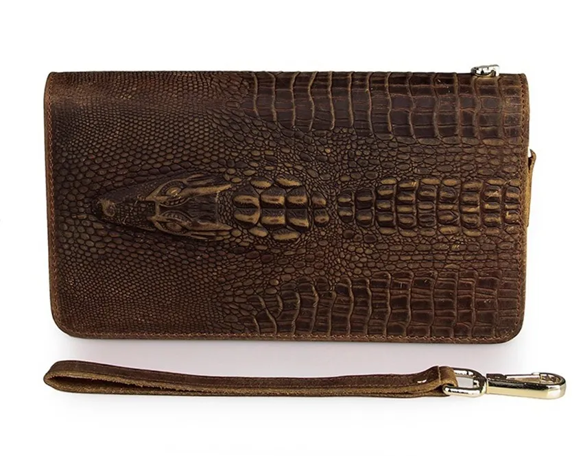 Мужчины известный бренд натуральная кожа двойной молнии сцепления бумажник мужской крокодил картина кошельки леди многофункциональный телефон сумка кошелек