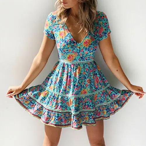 

Women Short Sleeve V-neck Boho Floral Mini Dress Ladies 2019 Fashion Dresses Summer Holiday Beach Party Sundress Female Vestidos