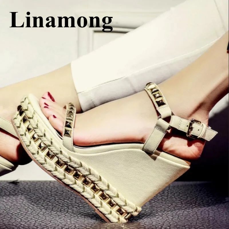 

2018 Summer Newest Fashion Rivet Design Platform Wedges Shoes Sexy High Heel Women Sandals High Quality Normal Size