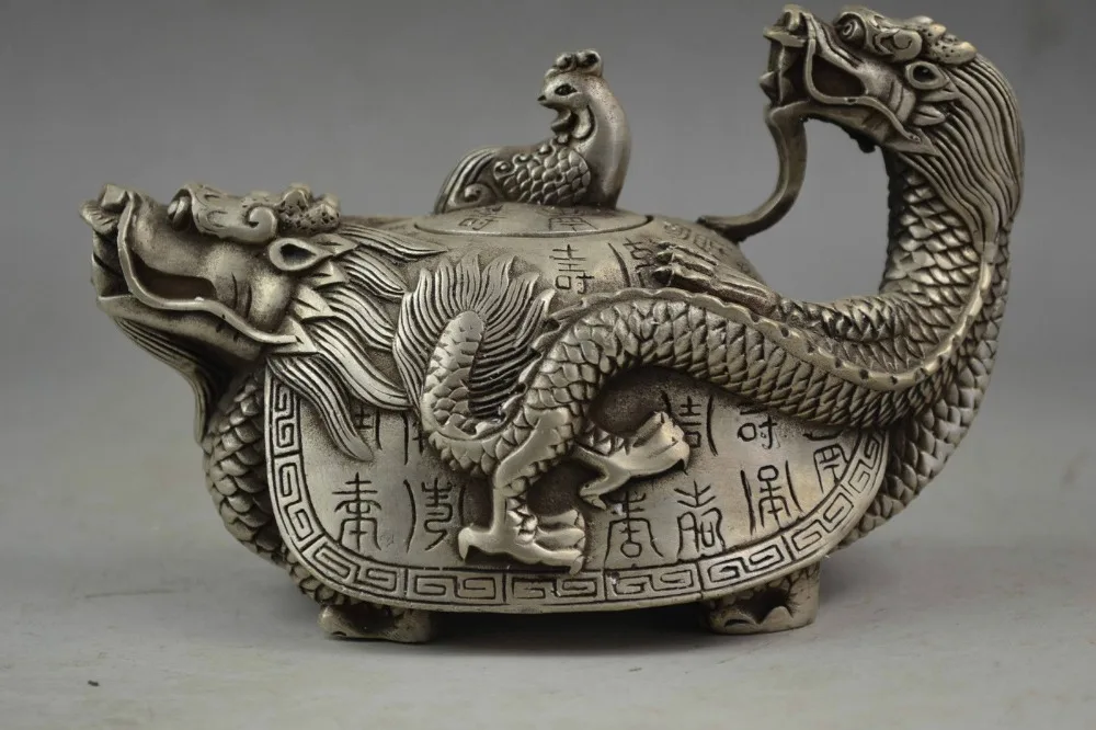 

statue Crafts statue Collectible China Old Handwork Tibet Silver Carved Dragon Tortoise Tea Pot halloween