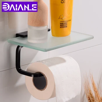 

Toilet Paper Holder with Shelf Glass Bathroom Tissue Roll Paper Holder Aluminum Black Paper Towel Holder Decorative Wall Mounted