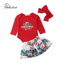 Фирменная Новинка Рождество для новорожденных девочек прекрасный довольно Комплекты одежды 3 шт. Рождество красный комбинезон топы с бантом Мини-юбки+ повязка на голову