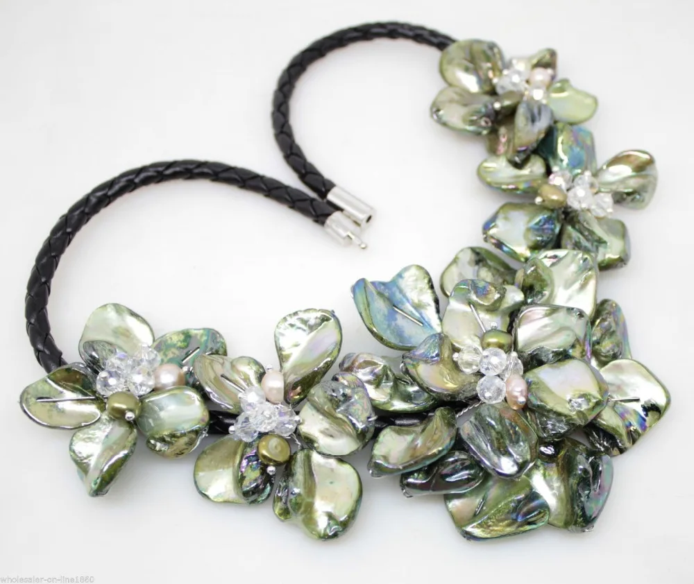 

Hot sale new Style >>>>>Beautiful Green pearl shell mother of crystal pearl flower pendant necklace 18''