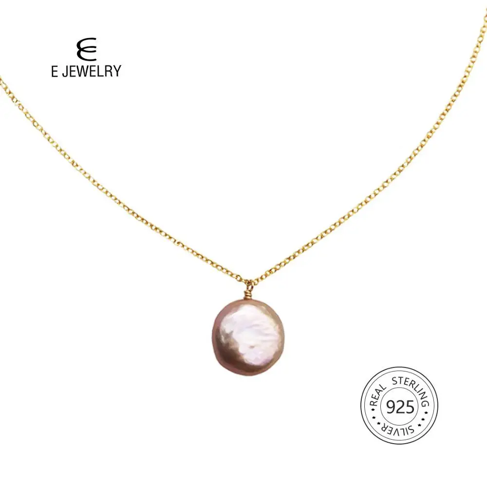 

14K Gold Plated Pendant Necklace, E Jewelry 925 Sterling Silver Baroque Pearl Simple Dainty Chain Necklace for Women Fashion