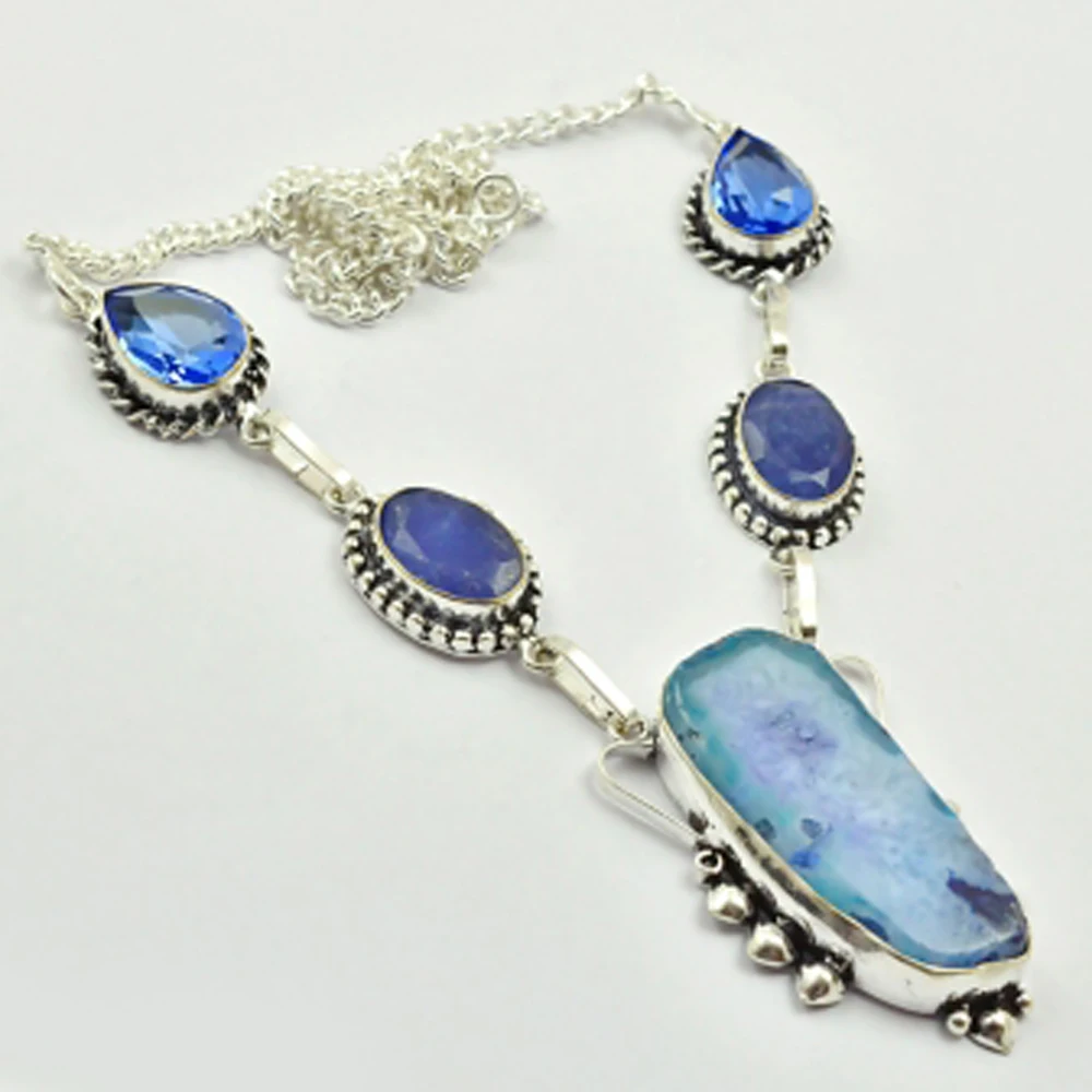 

Solar Quarts & Sapphires Necklace Silver Overlay over Copper , 47cm, N2469