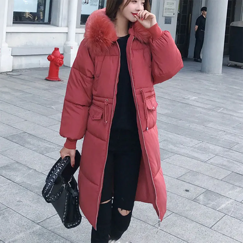 Goede Solid Fur Hooded Thicken Rits Lange Down Jassen Vrouwen Casual Lange Mouwen Lace Up Warm Katoen Jassen Vrouwelijke Hardy Jassen nieuwe