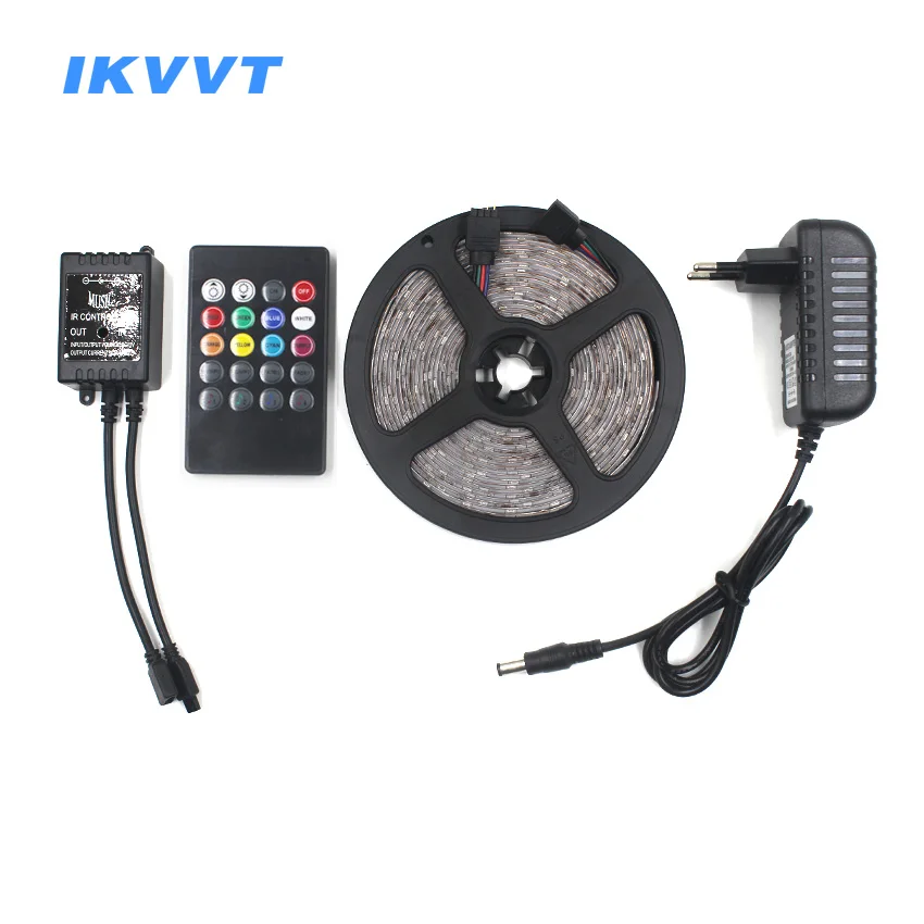 

IKVVT RGB led strip light 5M 10M 15M SMD 2835 RGB Diode Tape led Ribbon with 24key Music Remote Controller DC12V Power Adapter