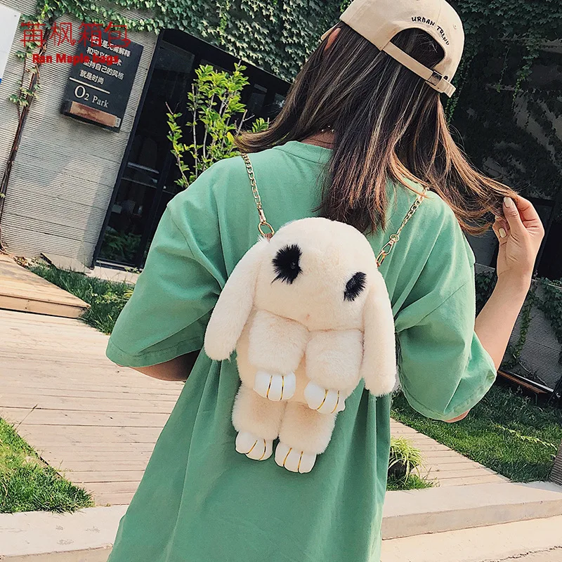 

Cute Fluffy Rabbit Fur Pompoms Chain Bag Women Cartoon Rabbit Sling Bag Fluffy Bunny Shoulder Plush Backpack Mochila Felpa