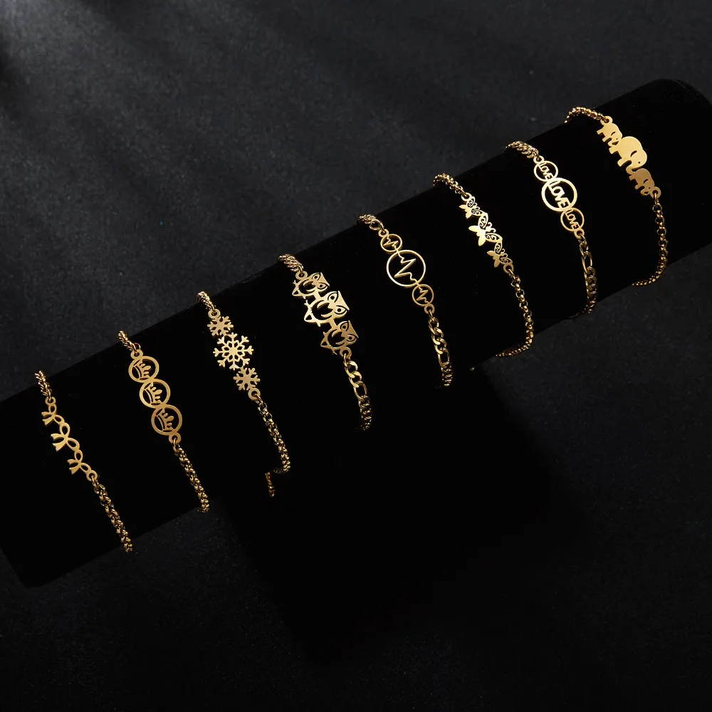 

Stainless Steel Butterfly Bowknot Bracelets Cute Hollow Owls Snowflake Women Charm Adjustable Gold Bracelets Kids Gift
