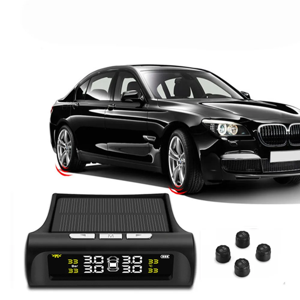 

Solar Power USB TPMS Car Tire Pressure Monitoring System LCD 4 External / Internal Sensors for SUV And Most Car Temperature Warn