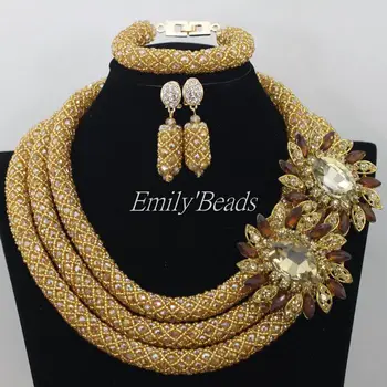

Nigerian Champange Gold African Wedding Beads Jewelry Set 2015 New Party Indian Bridal Beads Necklace Set Free Shipping AMJ831